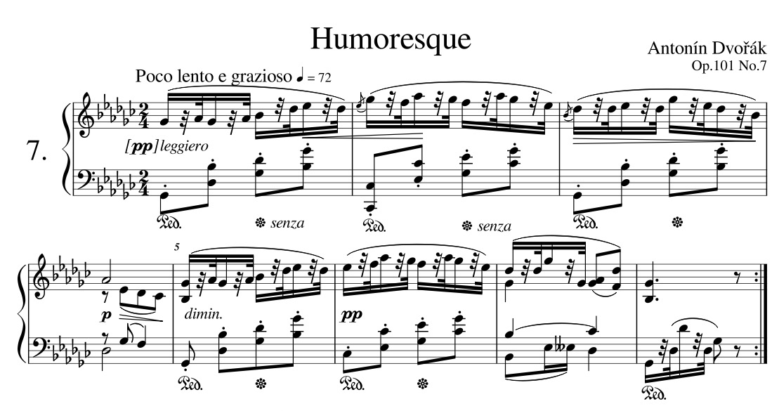 โน้ตเพลงฮิวเมอเรสก์ส (Humoresqueop.101 No.7) ในช่วงTheme A ก่อนเปลี่ยนบันไดเสียง (Transpose) ที่มา :