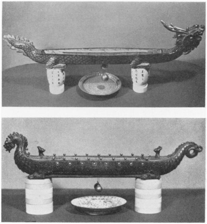 ภาพนาฬิกาธูปรูปมังกรทำด้วยไม้ (บน) และ สำริด (ล่าง) สมบัติส่วนบุคคลของ Dr. S. P. Lehv